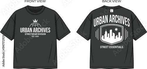 Urban Archives Streetwear T-Shirt Design Vector Featuring Crown Globe Graphic, City Skyline Emblem, and Marketplace Success for Fashion Projects