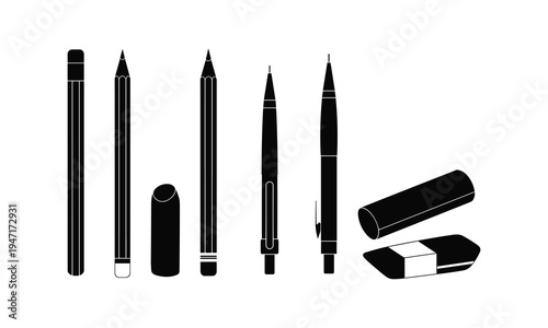 Assorted stationery tools including pencils, erasers, and writing instruments
