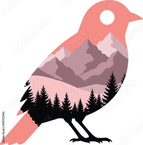 Creative double exposure bird silhouette vector illustration featuring beautiful mountain landscape and pine forest during sunset isolated on white background for graphic design projects