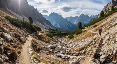 Hiker Walking on Mountain Trail in Dolomites Italy