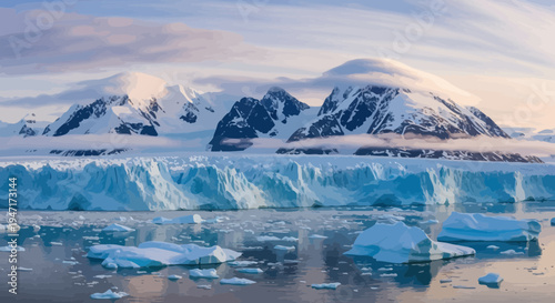 Antarctic Glacier Landscape with Floating Icebergs and Snowy Mountains