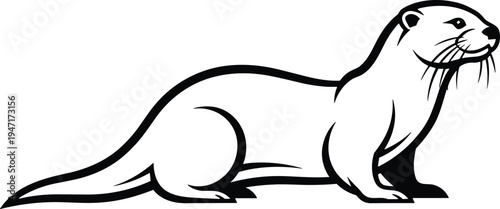Otter line drawing vector illustration black and white wildlife animal side profile elongated body tail whiskers claws minimalistic artistic design educational nature sketch