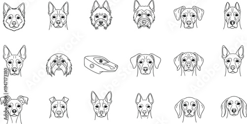 Set of twenty black and white line art dog faces illustrations featuring diverse breeds stylized expressions detailed outlines plus one futuristic robotic design element for creative projects