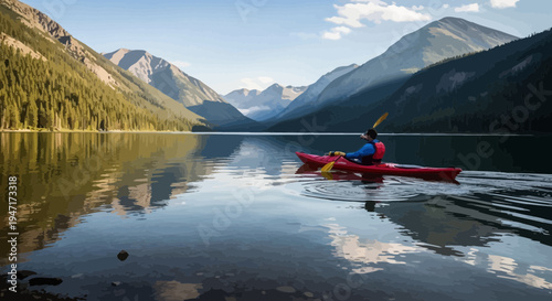 Kayaker Paddling on Calm Mountain Lake