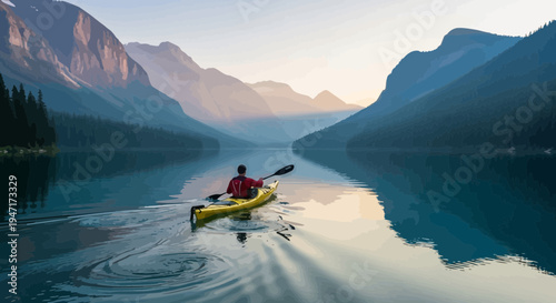Kayaker Paddling on Calm Mountain Lake at Sunset