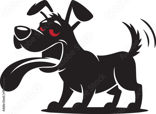 A playful black dog with a long tongue and glowing red eyes