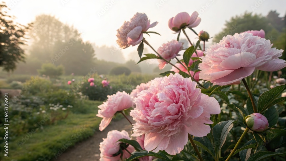 Fototapeta premium Soft Pink Peonies Blooming in a Misty Morning Garden