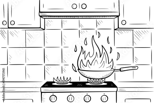 Hand drawn of a wok cooking with flames a gas stove in a kitchen