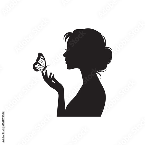 Black Colour Butterfly And Woman Silhouette Solid White Background (1).eps