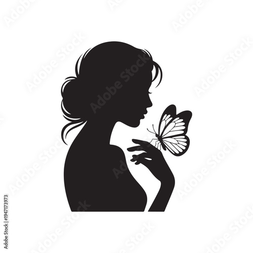 Black Colour Butterfly And Woman Silhouette Solid White Background (2).eps