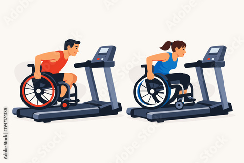 Flat vector illustration of a man and a woman in wheelchairs training on treadmills. Inclusive sports and fitness concept showing disabled athletes competing and exercising in a gym setting.