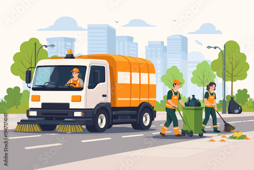 Professional sanitation workers cleaning public city roads with a street sweeper truck, garbage bin, and broom. Team maintaining urban environment cleanliness. Flat vector illustration design.
