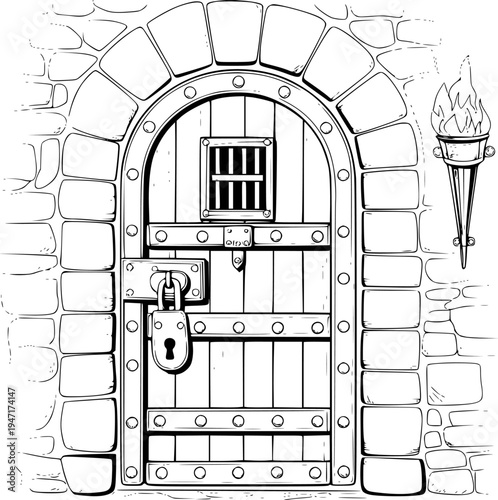 Medieval Prison Door with Locked Padlock and Torch Stone Wall
