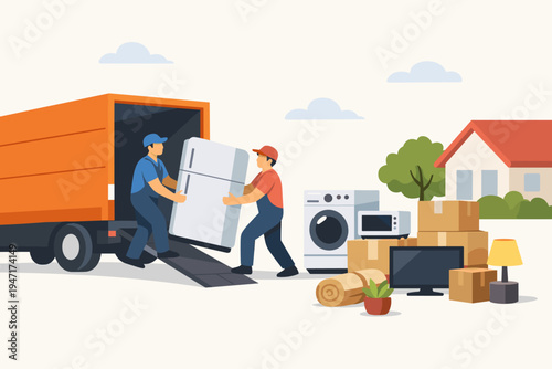 Professional movers unloading home appliances from a delivery truck for house relocation service, two workers carrying a refrigerator, washing machine, microwave, and boxes outside a house.