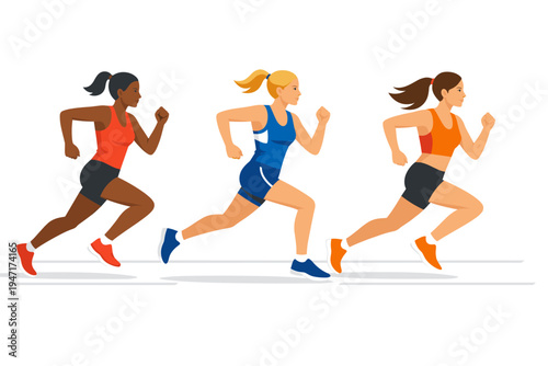 Flat vector illustration of three diverse female runners competing in a race on a white background. Athletic women sprinting in colorful sportswear for marathon training and fitness concept.