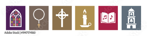 Collection of six distinct religious symbols, including a stained glass window, rosary, cross, candle, hymnal, and bell tower, presented as colorful icons.