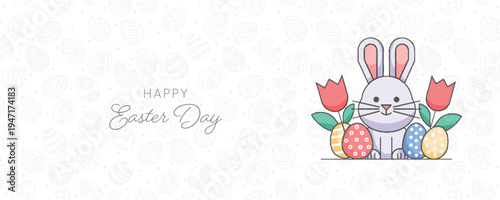 Happy Easter Day Horizontal Web Banner with Cute Rabbit Illustration and Decorative Patterned Background