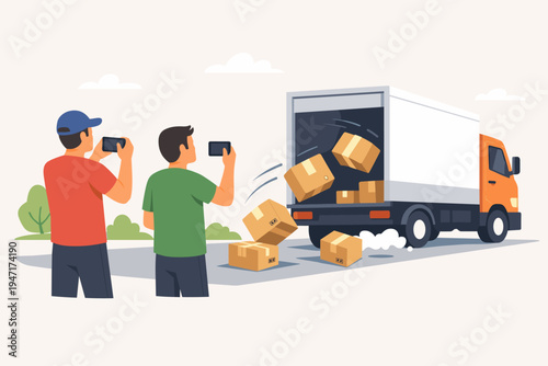 Witnesses Taking Photos of Delivery Truck Losing Cargo with Cardboard Boxes Falling Out on the Street, Flat Vector Illustration of Logistics Mishap, Poor Service, and Social Media Reporting.