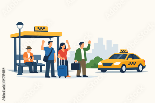 People Hailing a Yellow Taxi at a City Cab Stand, Passengers Waiting for Transportation Service with Luggage and Suitcases, Urban Commute and Travel Concept, Flat Vector Illustration Scene