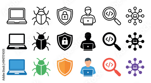 Diverse collection of cybersecurity and technology icons representing digital protection, software development, and network security concepts.