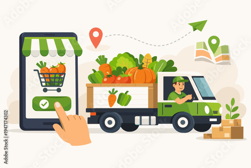 Flat vector illustration of a delivery truck carrying fresh organic vegetables like pumpkin, carrots, and lettuce, ordered through a mobile app on a smartphone for fast grocery delivery service.