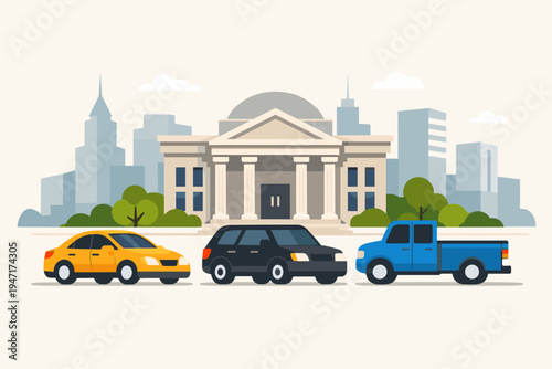 Flat vector illustration of a yellow car, black SUV, and blue pickup truck parked in front of a bank building with columns, featuring a modern city skyline with skyscrapers in the background.