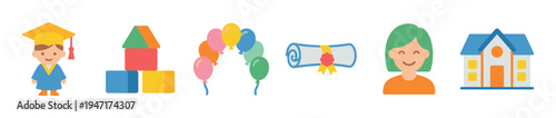 Collection of colorful flat design icons representing education, childhood, graduation, and learning concepts.