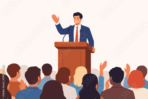 Confident male leader in a suit giving an inspiring speech from a wooden podium to a diverse crowd at a business conference or political rally, flat vector illustration on white background.