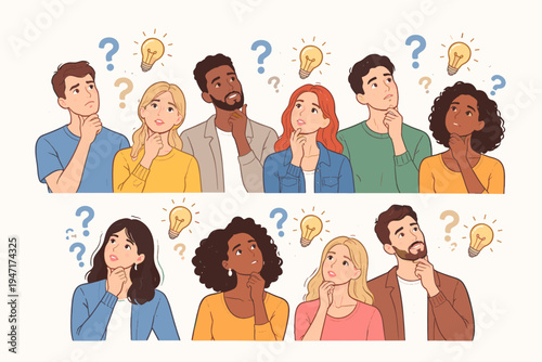 Diverse group of thoughtful people thinking and having questions. Flat vector illustration of men and women with question marks and light bulbs above their heads, brainstorming and finding ideas.