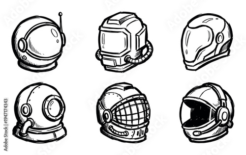 Collection of hand-drawn sketch illustrations depicting different types of protective headgear including astronaut, diver, and pilot helmets.