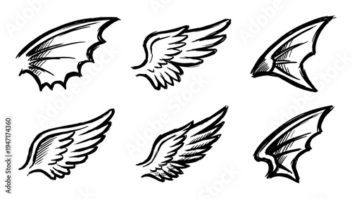 Set of hand-drawn sketch illustrations featuring various styles of wings, including angelic, demonic, and bird-like designs.