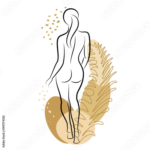 Silhouette of a cute lady and leaves of a plant. The girl is standing. The woman has a beautiful naked figure. She is young and slim. Vector illustration
