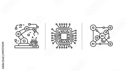 Artificial Intelligence Line Icon Set Featuring Robotic Arm Microchip and Molecular Structure for Science and Tech Concepts