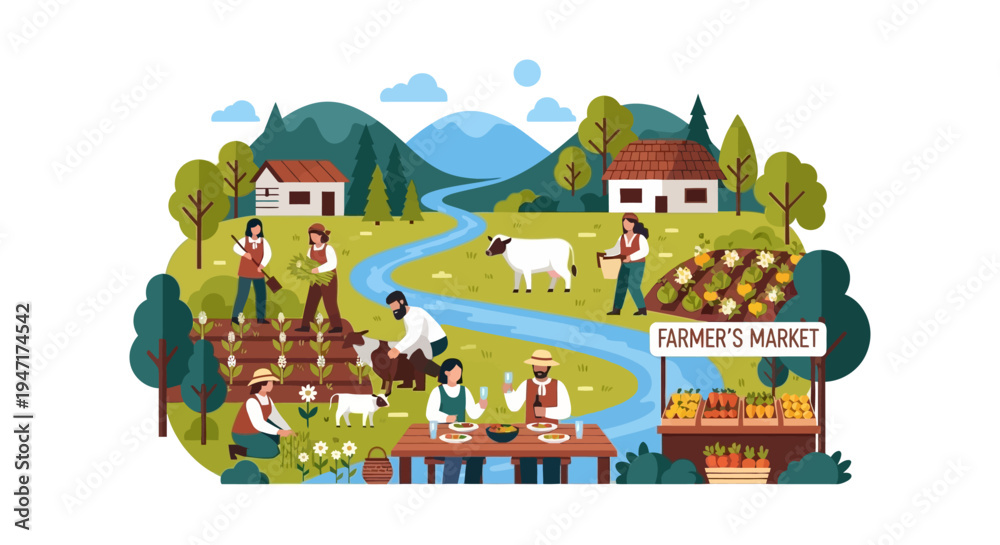 Naklejka premium Flat Vector Illustration of Sustainable Farm Life and Local Farmer's Market Scene. Agricultural Community Harvesting Crops and Selling Produce.