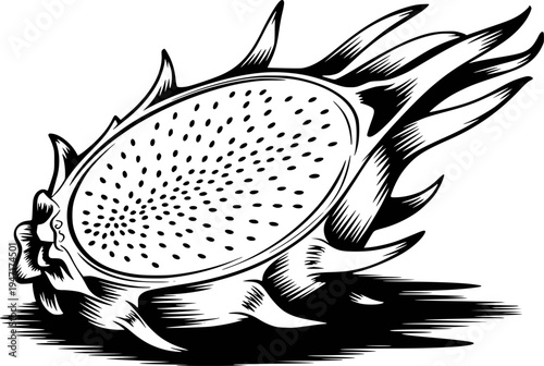 Black and white of a halved dragon fruit with spiky skin and seeds pitaya exotic