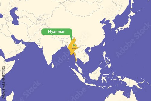 Highlighted infographic map illustration of Myanmar, ideal for education, travel guides, and geography presentations.
