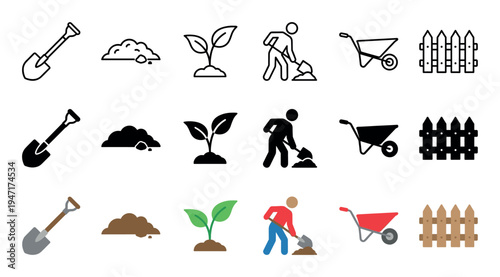 Comprehensive collection of gardening icons featuring shovels, dirt piles, seedlings, a person digging, wheelbarrows, and fences in various styles.