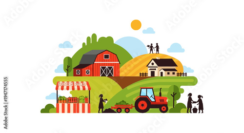 Farm Life and Agriculture Concept Illustration. Rural Landscape with Red Barn, Tractor, Farmhouse, and Farmers Market. Flat Vector Design.