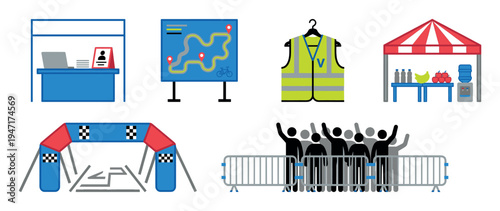 Various flat design icons illustrating essential components and activities for organizing a successful outdoor event or race.