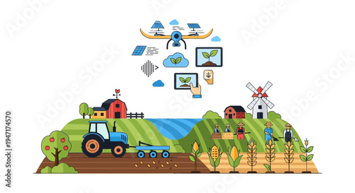 Precision Agriculture and Smart Farming Technology Illustration. Modern farm landscape with drone monitoring, solar power, and data analysis.