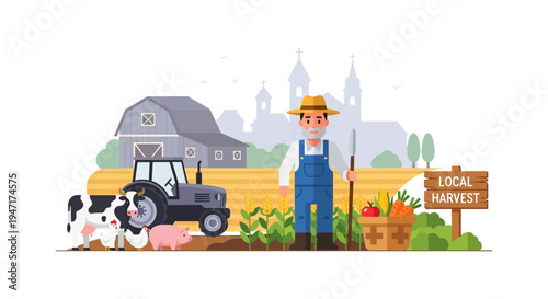 Local Harvest Farmer Standing by Barn, Tractor, Livestock, and Fresh Produce. Rural Agriculture Flat Vector Illustration.