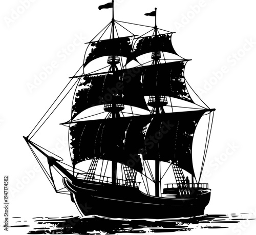 Black silhouette of a sailing ship with full sails choppy water white