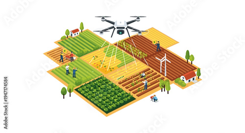 Smart Farming Isometric Concept: Drone Monitoring Agricultural Fields, Precision Agriculture Technology, and Automated Crop Management