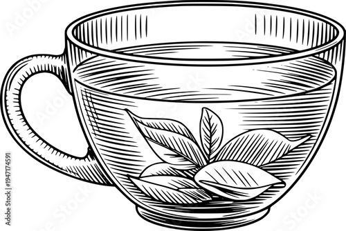 Engraved Glass Cup Filled With Tea Leaves And Water White Background drink beverage