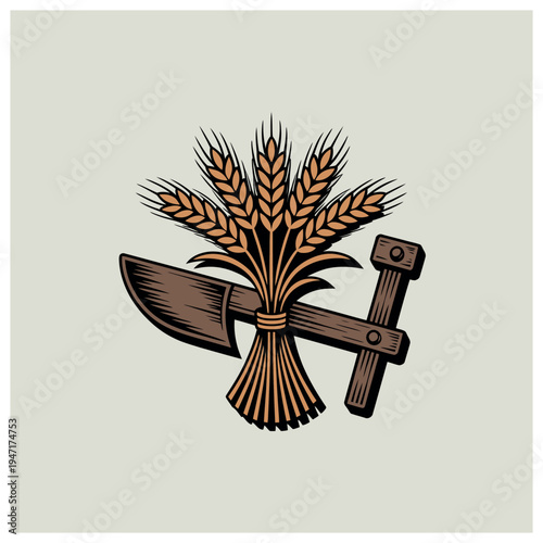 Vintage illustration of a bundle of wheat stalks with a crossed sickle and hammer, symbolizing agriculture, harvest, and traditional farming tools.