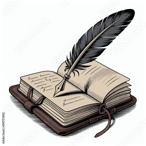 A vintage illustration of a black feather quill pen writing script in an open leather-bound book.