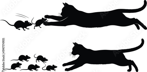 Black cat chasing mice silhouette vector illustration featuring stalking leaping and hunting sequence isolated on white background for stock design