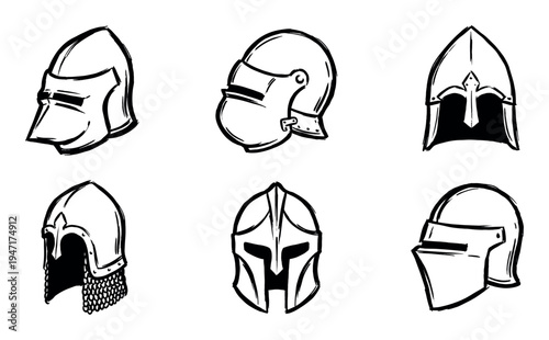 Six hand-drawn medieval knight helmets in various styles represent historical armor and protective headgear.