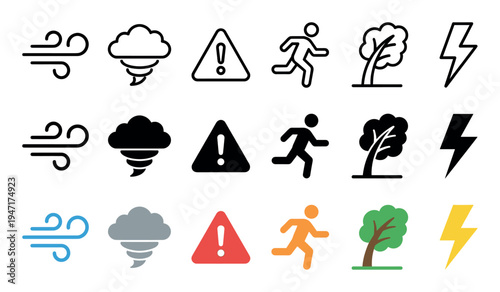 Comprehensive set of natural disaster and weather warning icons presented in three distinct visual styles.