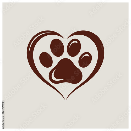 Brown paw print centered within a heart shape, symbolizing love for pets and animal companionship on a light background.
